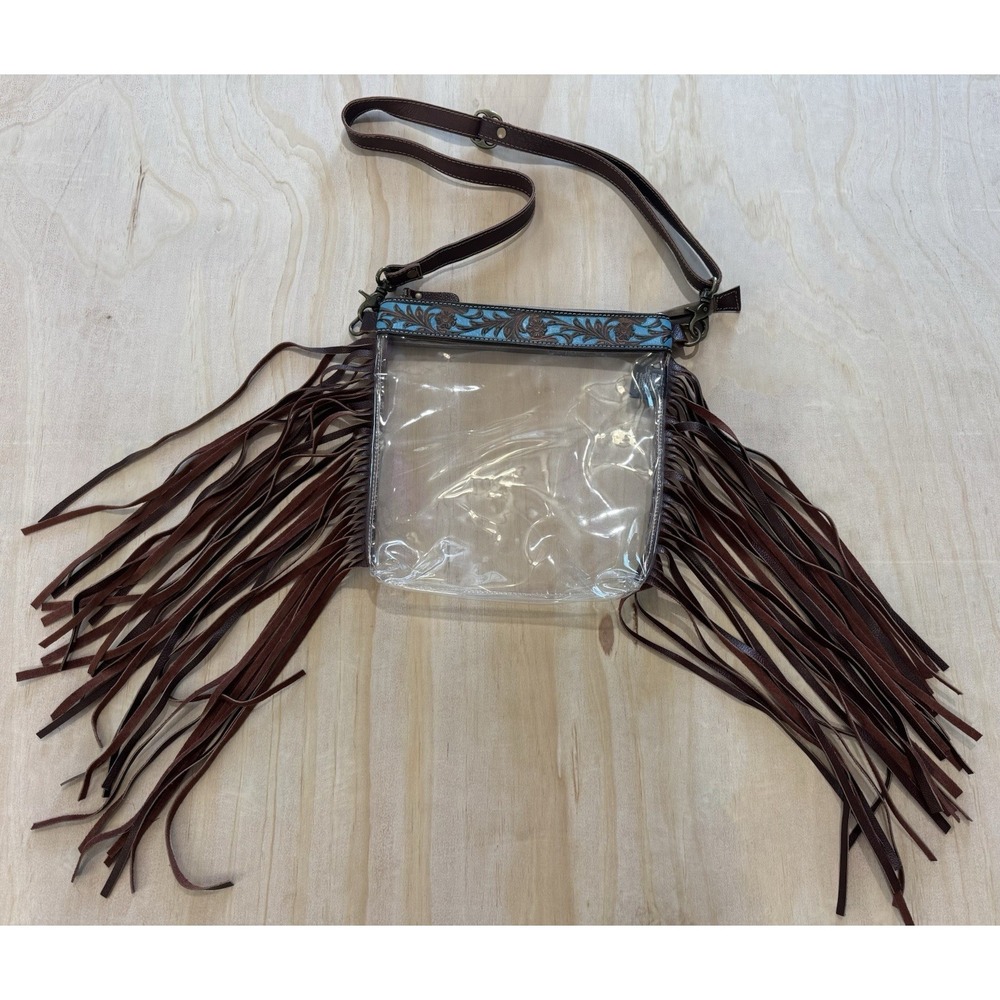 Myra Bag Clear Crossbody with Brown Fringe and Turquoise Trim